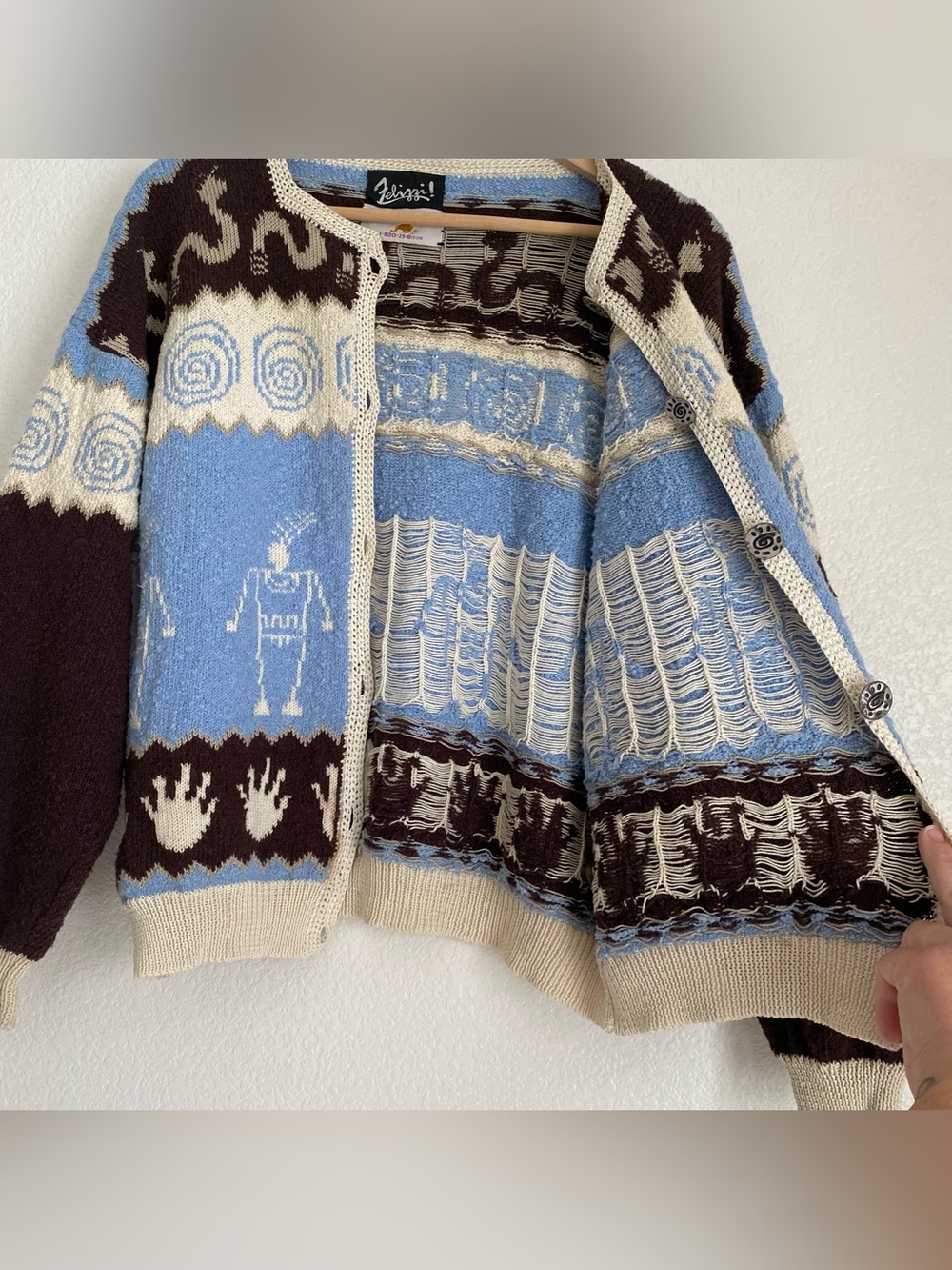 Vintage Felizzi hieroglyphic parietal art hand loomed knitted cardigan sweater - Picture 5 of 16